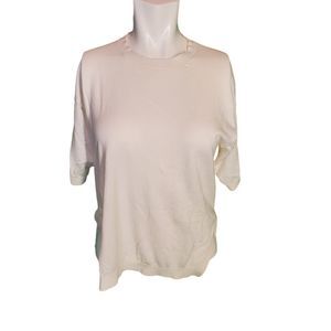 Theory Ivory Knit Short Sleeve Sweater Top Split Hem Cotton Pullover Sz M
